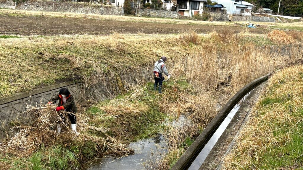 田園風景が広がる西谷の川沿いで草刈り作業をする2名
