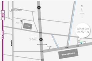 宝塚シングルマザーハウスのコミュニティルームの地図　阪急小林駅から徒歩15分程度　他k司中学校から徒歩1分